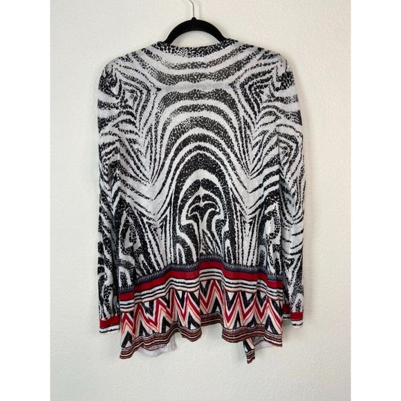 Chico's‎ women's 1 medium black white red patterned linen blend open cardigan - Picture 4 of 4